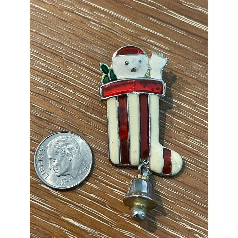 Vintage‎ Christmas Stocking Pin with Jingling Bell – Holiday Enamel Brooch